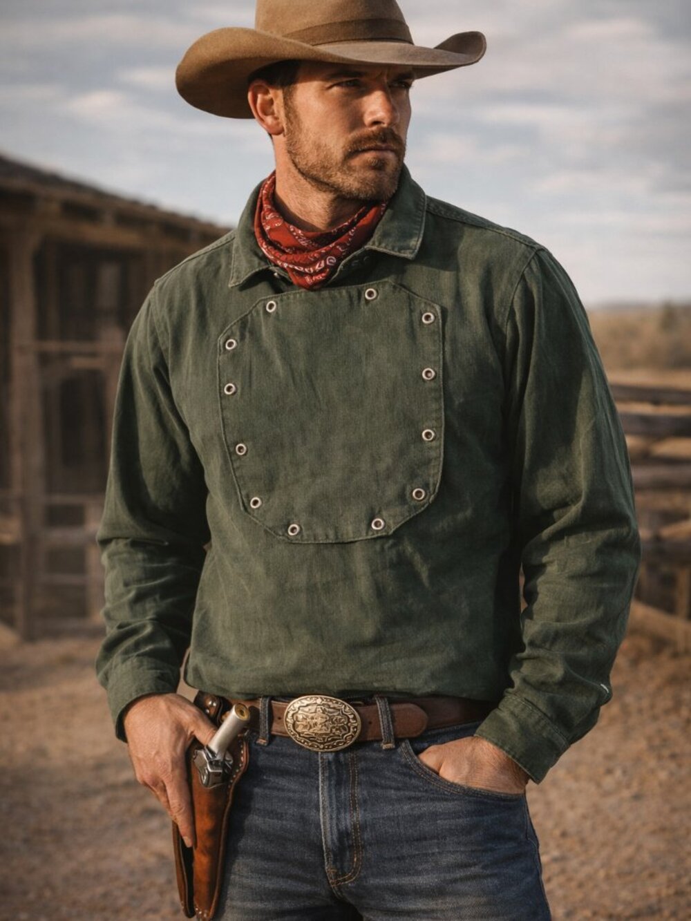 Wah Maker Vintage Collection Mens Bib Front Western Shirt Green XL Made in USA